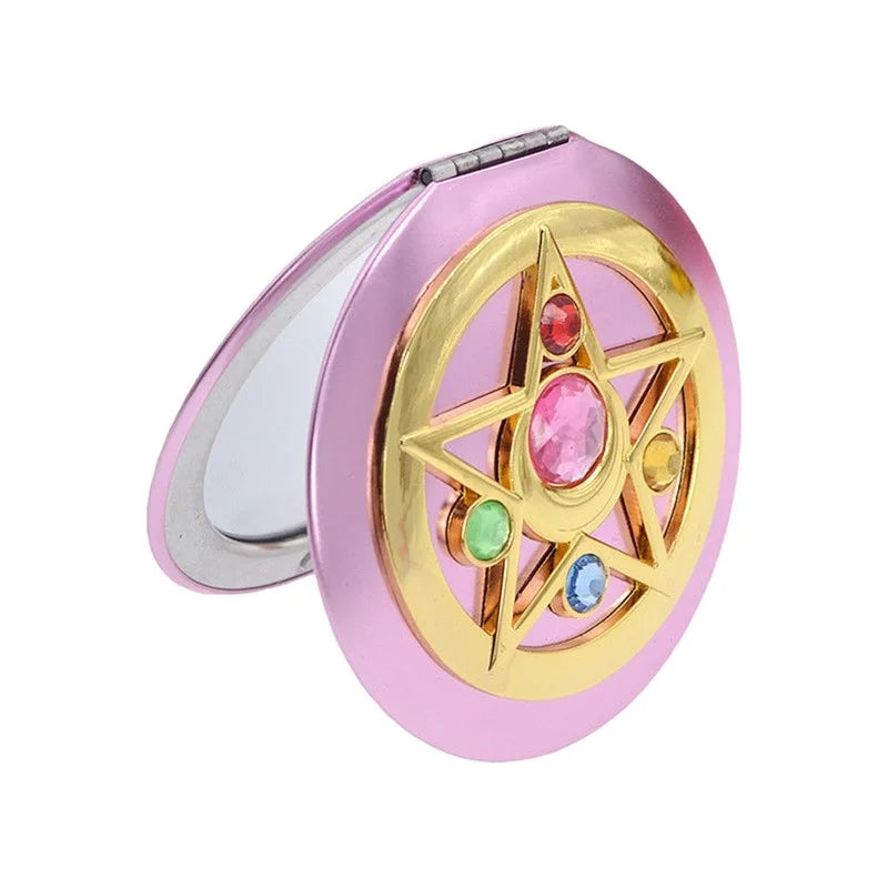 Portable Star Pattern Compact Makeup Mirror, Metal Case, Double-Sided 2x Magnifying