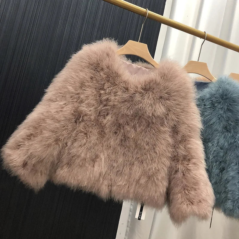 Ostrich Feather Coat for Women 100% Natural Fur Coats O Neck Long Sleeve Ladies Nightclub Turkey Jackets Winter Fashion