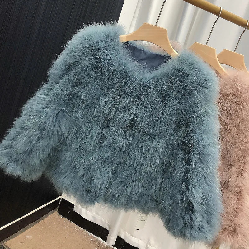 Ostrich Feather Coat for Women 100% Natural Fur Coats O Neck Long Sleeve Ladies Nightclub Turkey Jackets Winter Fashion