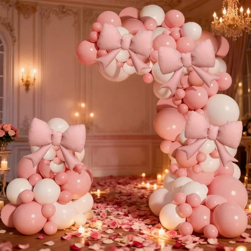 118Pcs Pink and White Bow Balloon Arch Kit, 21inch Pink Bow Foil Balloons Paired with Pink and White Latex Balloons, Ideal for Valentine's Day Parties, Ladies' Bachelorette Parties, Weddings, and Girls' Birthday Party Decorations