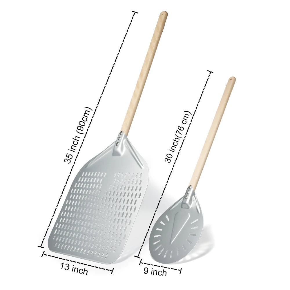 SHANGPEIXUAN Perforated Pizza Peel with Turning Pizza Peel Wood Handle Pizza Shovel Anodized Short Spatulas Baking Tools