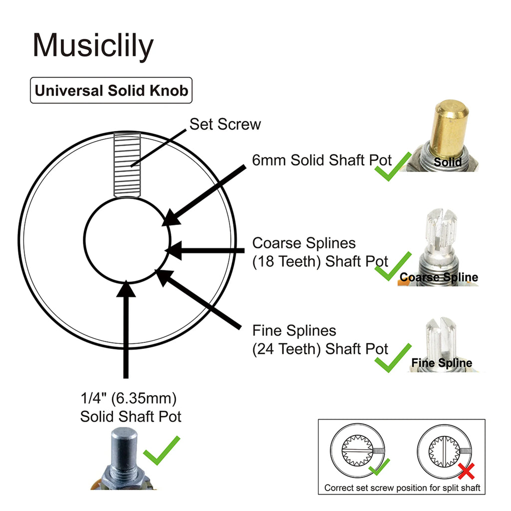 Musiclily Pro 1/4 Inch Steel Fine Knurled Flat Top Control Knobs with Set Screw for Electric Guitar Bass (Set of 2)