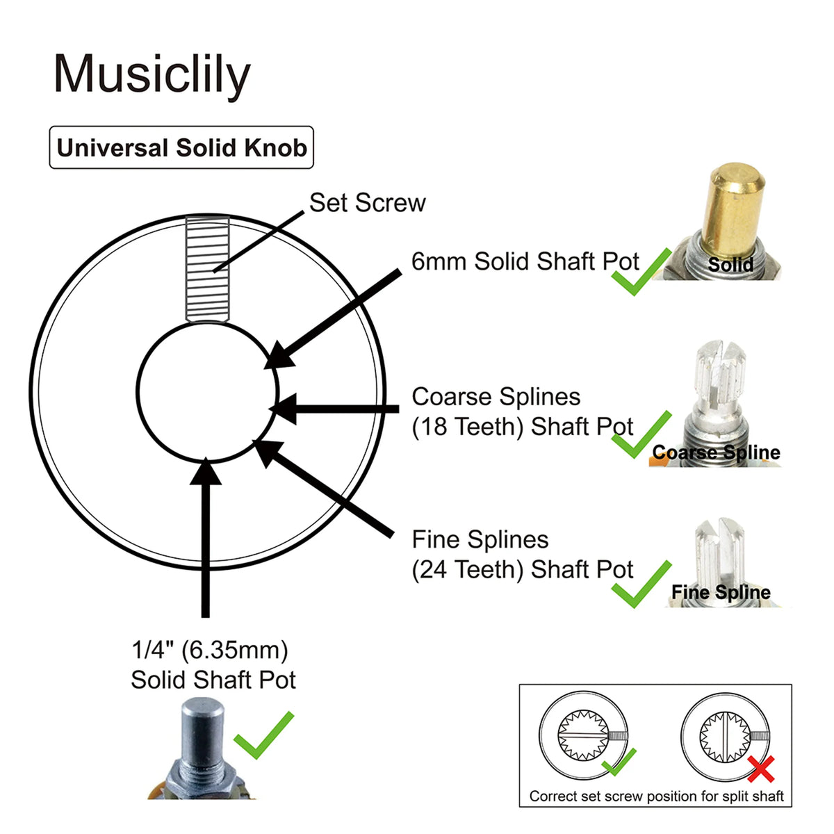 Musiclily Pro 1/4 Inch Steel Fine Knurled Flat Top Control Knobs with Set Screw for Electric Guitar Bass (Set of 2)