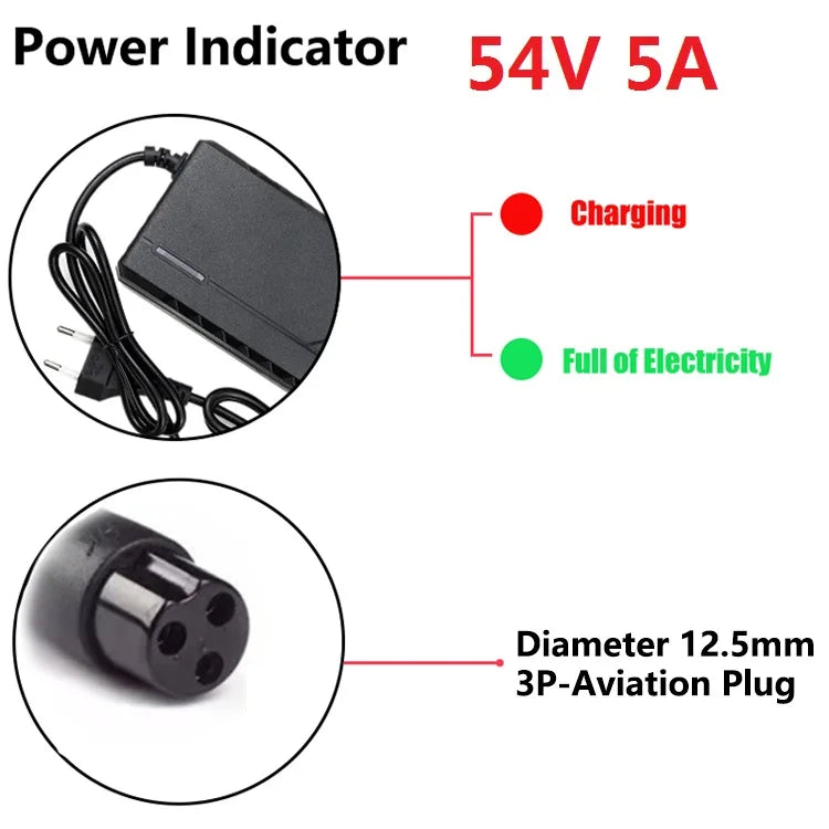 48V/60V/72V Charger 2A/5A Lithium-ion Battery Pack Charger 54.6V/67.2V/84V Intelligent Fast Charging EU Plug With Cooling Fan