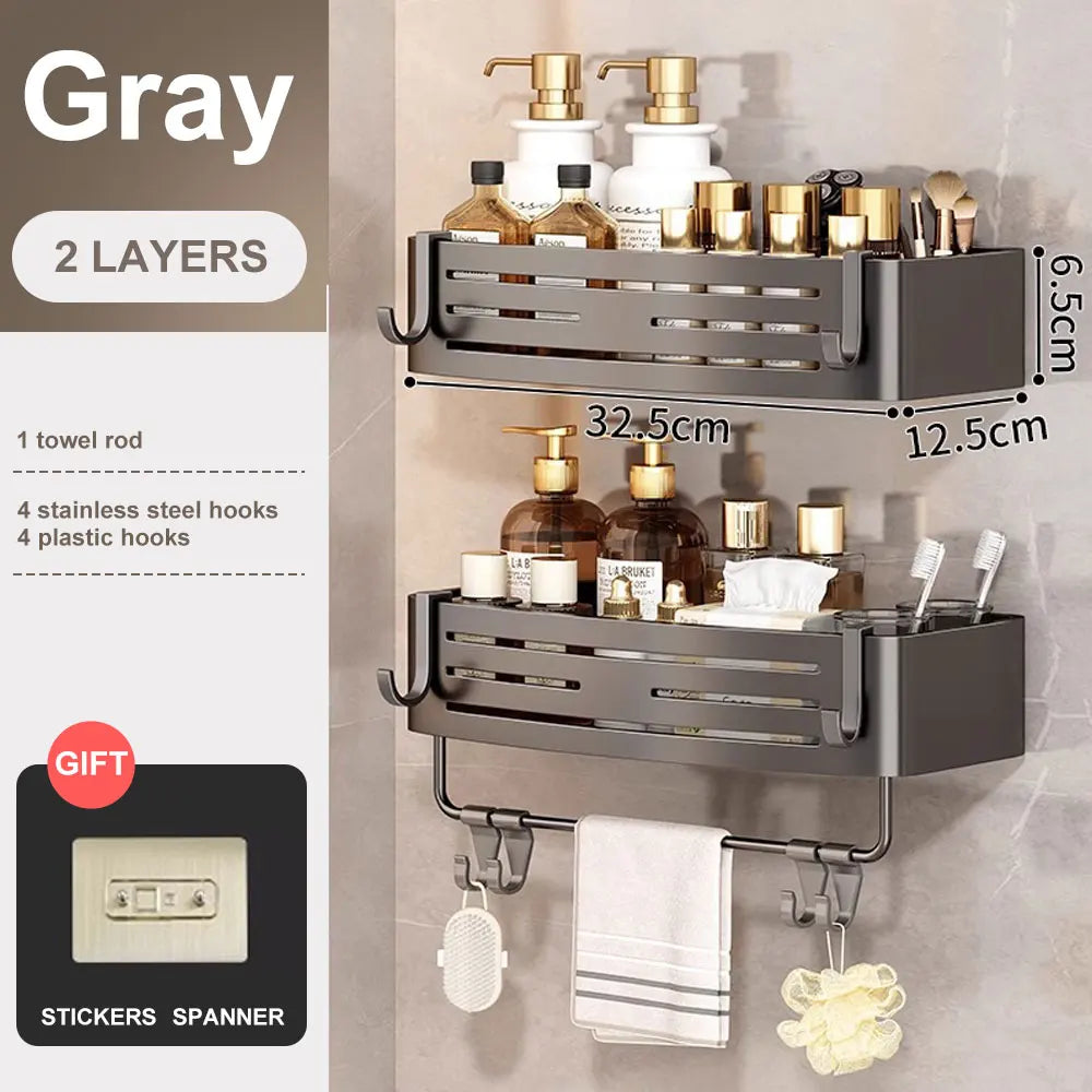 1-2PCS Bathroom Corner Shelf with Plastic Hook Towel Bar No Drill Space Aluminum Shower Storage Rack Bathroom Organizer
