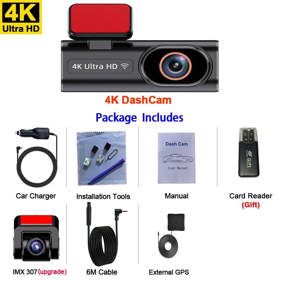 Ultra HD Dash Cam 4K Loop Recording 24H Parking Monitoring Optional 1080P Night Vision Rear Camera Supports WiFi APP Control
