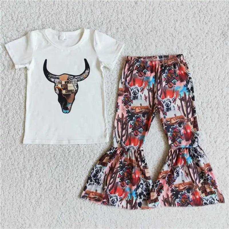 Wholesale No Moq Mama Baby Girl Clothes Short Sleeve Shirt Leopard Bell Bottom Pants Outfits Toddler Children Mother's Day Set