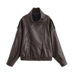 HH Autumn Faux Leather Jacket For Women Casual Solid Long Sleeve Zipper Pu Leather Coats New Fashion Female Streetwear