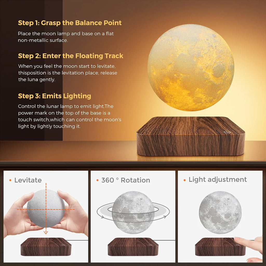Levitating Moon Magnetic Floating Night Light, 3 Colors Temperature, Creative Table 3D LED Lamp with Wooden Base for Gift Office