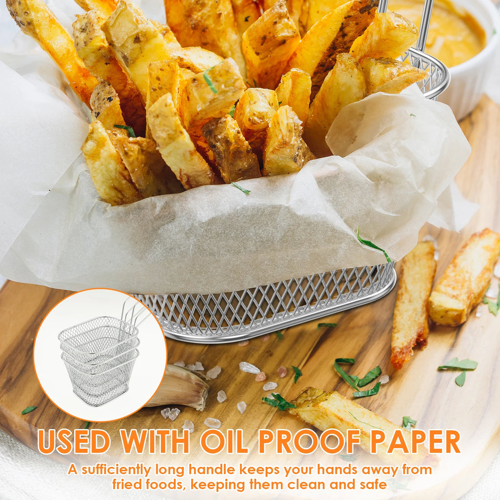 Mini deep fry basket set with long handle, stackable chip strainer, silver, 8pcs