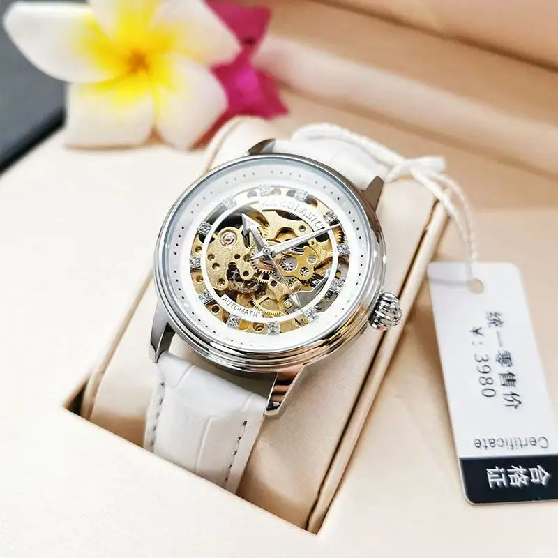 Augulas Genuine Hollow-Out Diamond-Encrusted Fully Automatic Mechanical Watch for Women, Fashionable and Simple, Luminous Waterproof Watch for Female Students, Trendy, the Best Gift for Her, No Battery Needed