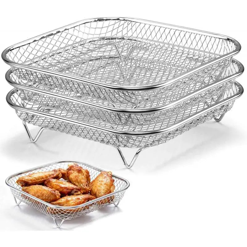 3-piece square air fryer basket set, stackable stainless steel air fryer basket accessories, deep dehydration rack, dishwasher