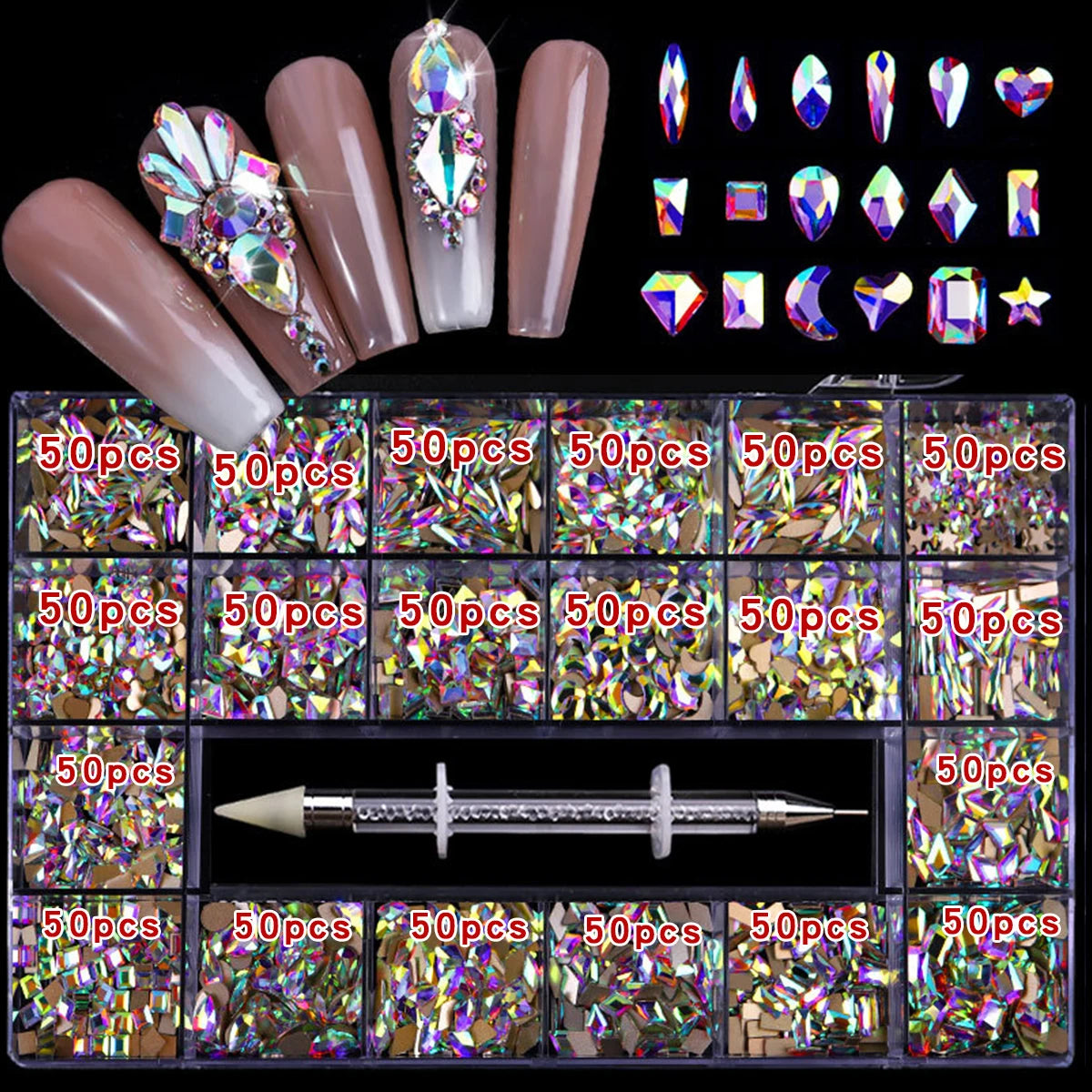 21 grid rhinestone box mixed nail diamond Flat glass shaped diamond DIY nail rhinestone nail jewelry set