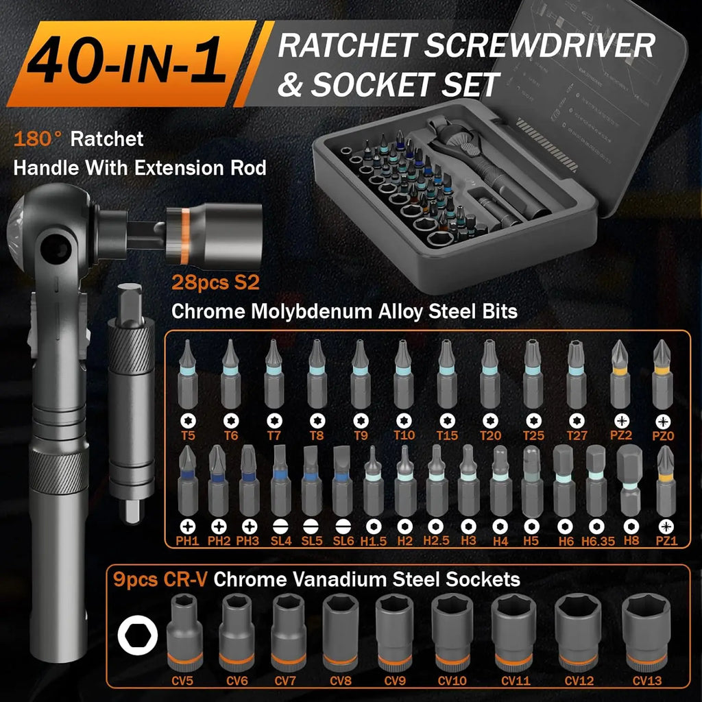 Galacok 40 in 1 Magnetic Ratchet Screwdriver Set, Multi-functional Wrench Set with 180° Adjustable Handle S2 Bits and Socket Set