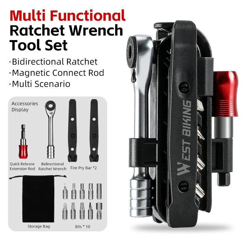 WEST BIKING 14-in-1 Ratchet Wrench Tool Set with Tire Pry Bar & Extension Rod, Black