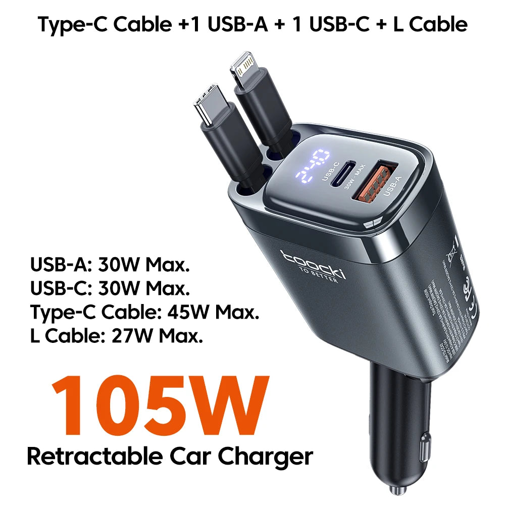 Toocki Digital Display Car Charger 105W 4 In1 Fast Charge Dual Type-C Cable With Retractable Cable For iPhone 16 15 14  Samsung