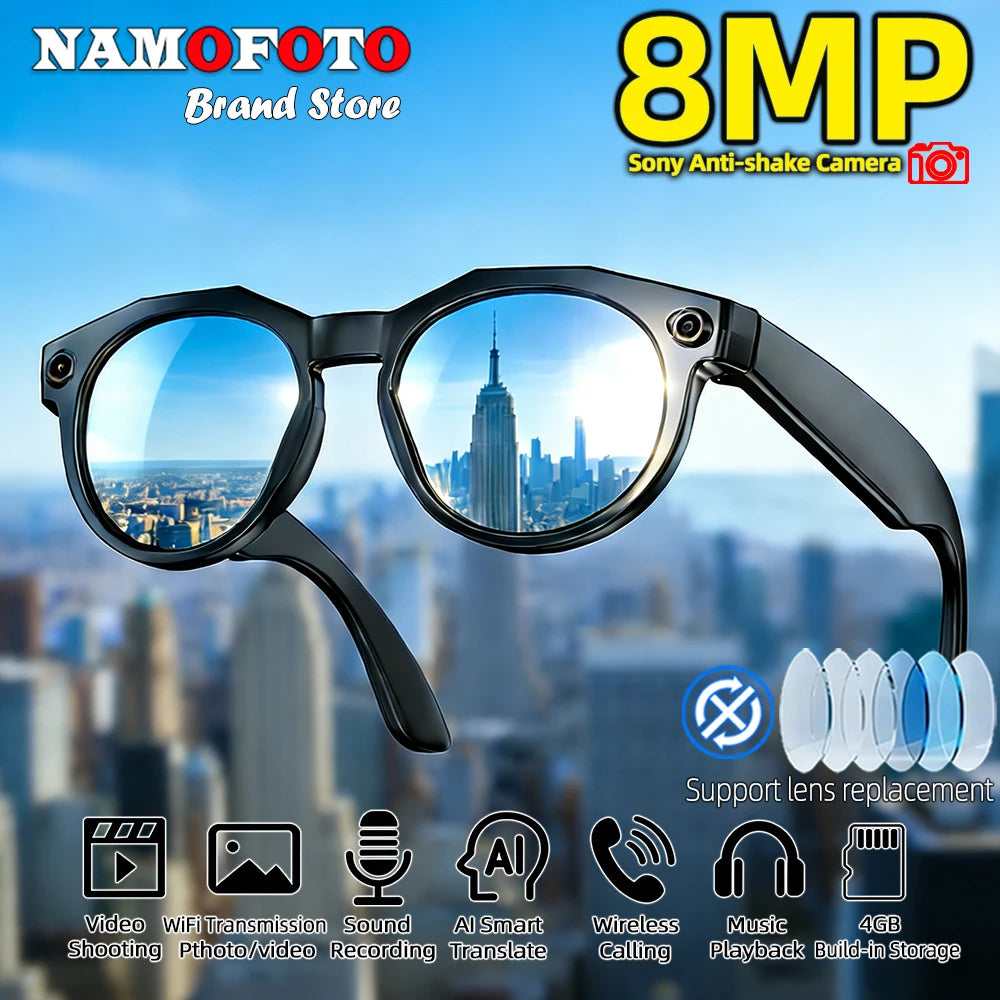 2026 New Smart Glasses 8MP Camera 1080P Video Shooting AI Real-time Translation SI BT Call Music Play Voice Recording Sunglasses