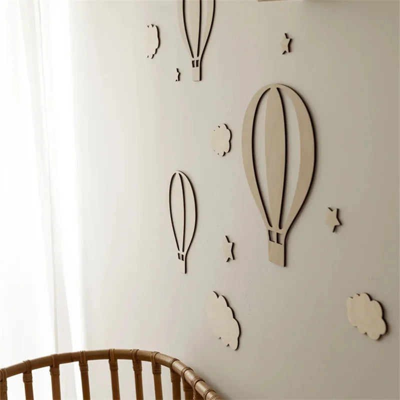 13Pcs Ins Wooden Hot Air Balloon Cloud Star Set Wall Stickers Home Decoration Background Wooden Wall Stickers Holiday Decoration Wall Crafts Cute Wooden Balloon Wall Stickers for Boys and Girls' Rooms Homestay Coffee Bar Decorative Wall Decorations