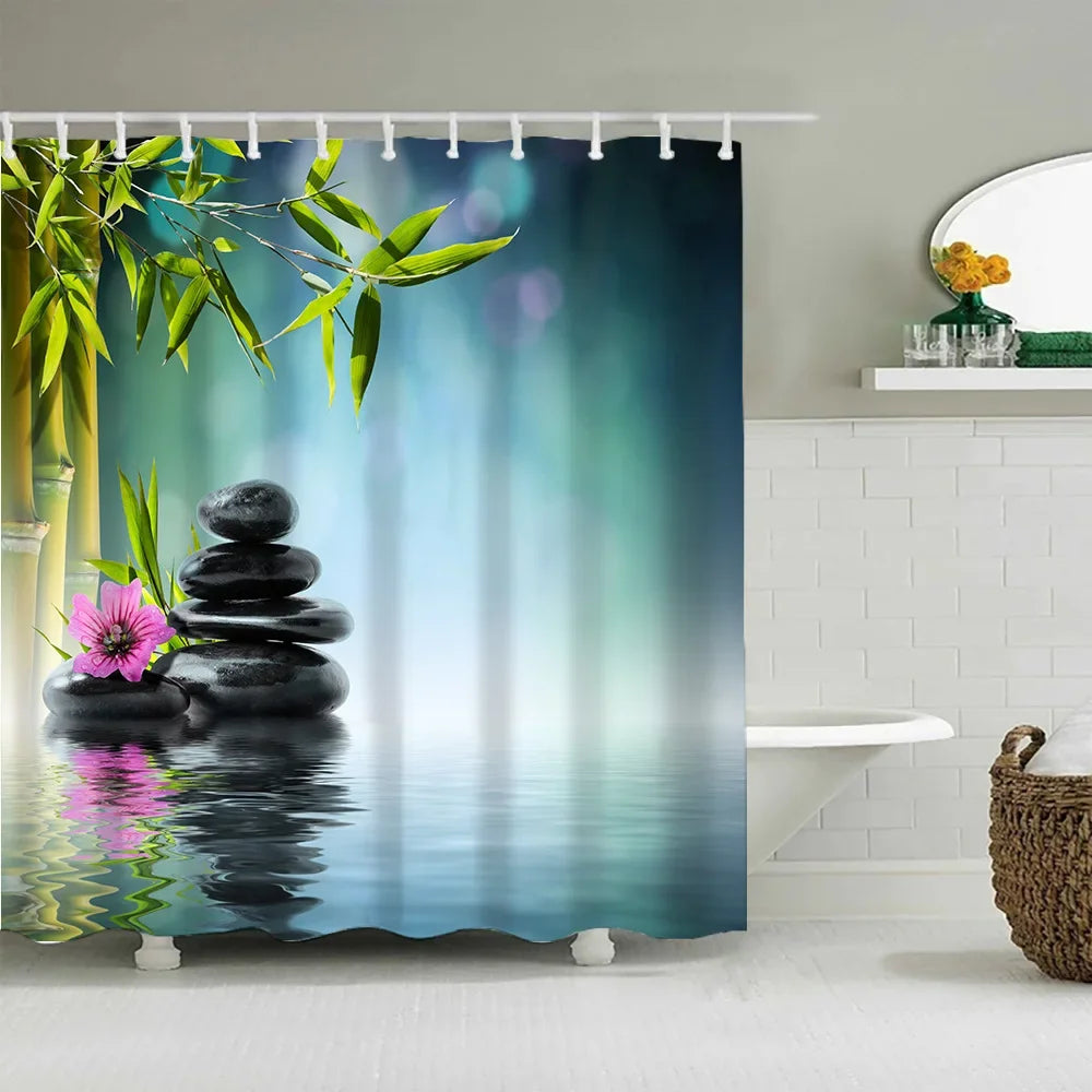 Zen Garden Shower Curtain Spa Green Bamboo Black Stone White Flower Bathroom Decor Supplies Bath Curtains Sets Polyester Fabric