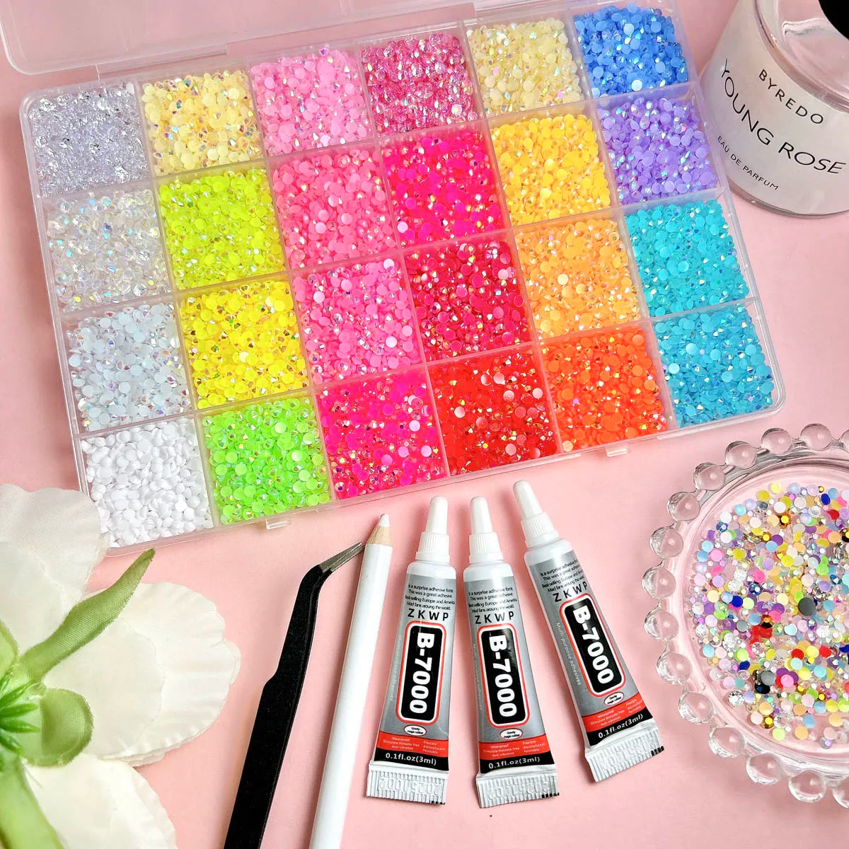 Shiny Flatback Rhinestones Kit with B 7000 Glue Tweezers Picker Pen Perfect for Nail Art,DIY Crafts,Tumbler Decor,Jewelry Pho