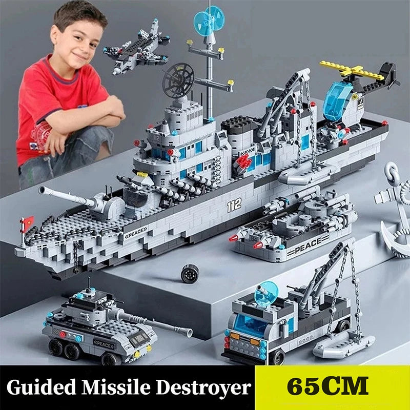 1560pcs 6 IN 1 Military Navy Ship Sets Building Blocks War Army Boat Plane Model Toys for Boys Bricks Toys Christmas Gifts