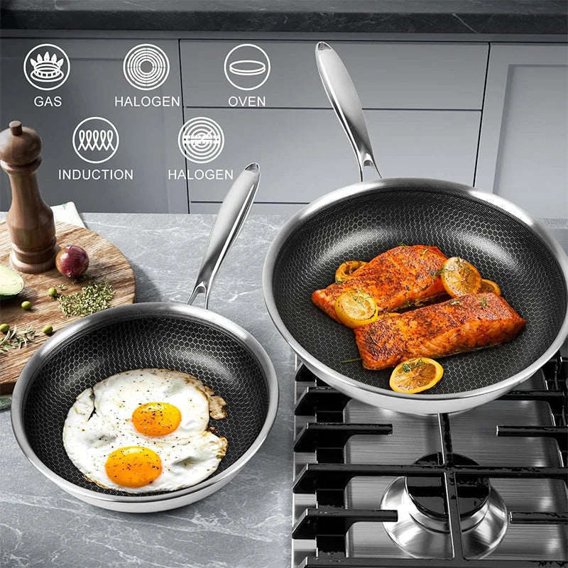 Stainless Steel Frying Pan with Lid Honeycomb Non Stick Frying Pan Non Toxic Skillet Egg Omelete Pans Kitchen Cookware JT561