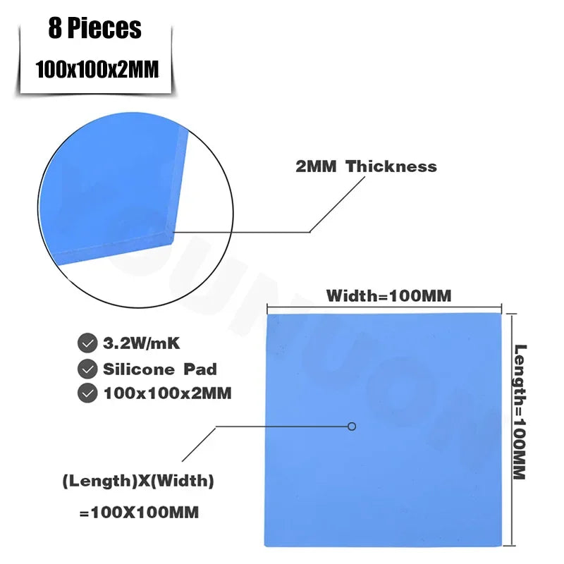 8pcs YOUNUON 100x100x0.5mm 1mm 1.5mm 2mm 2.5mm 3mm 4mm 5mm Blue White Green Combination Thermal Pads Cooling Conductive Silicone