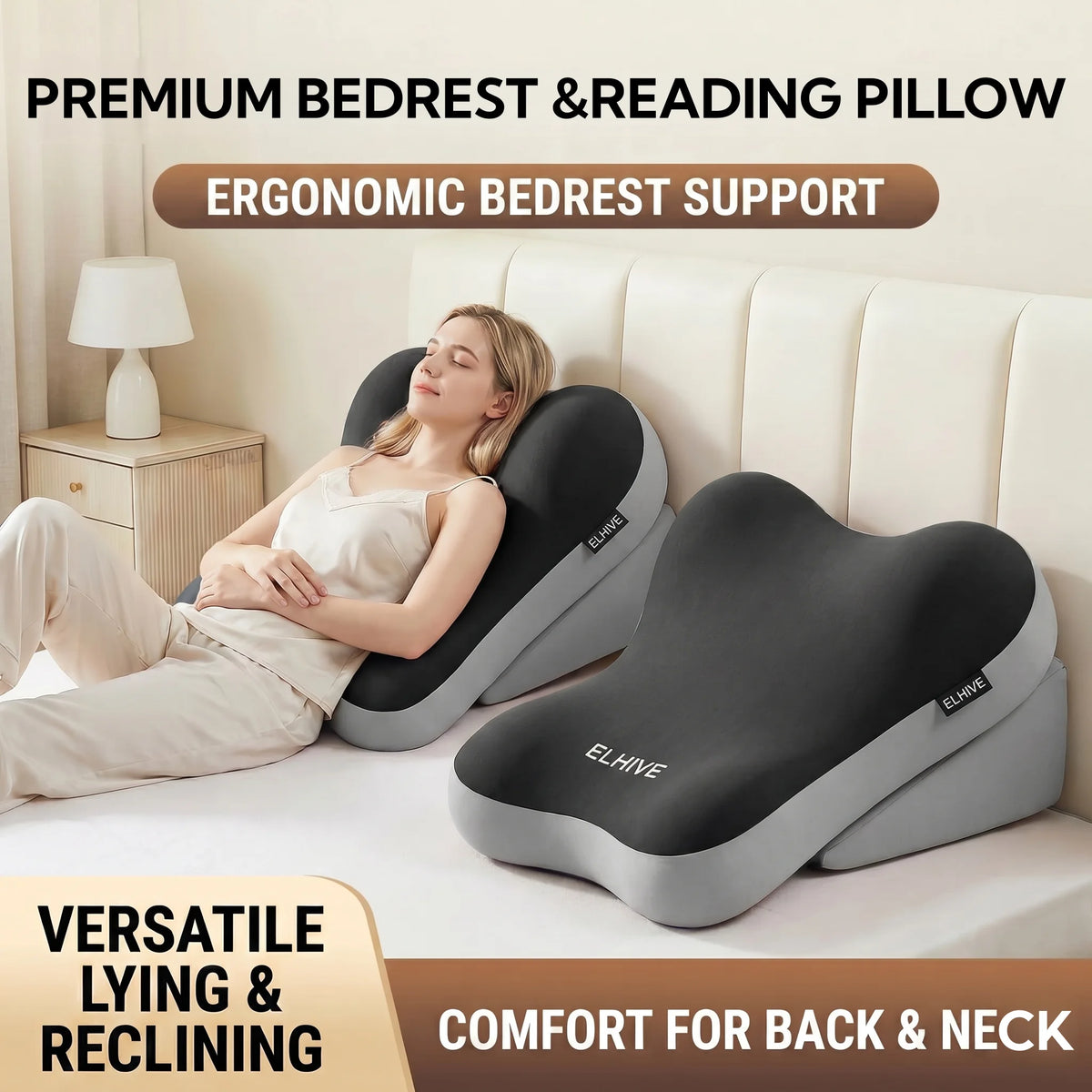 Adjustable Bed Wedge Pillow Memory Foam Backrest, 2-Piece Split Non-Slip Base, Light Yellow