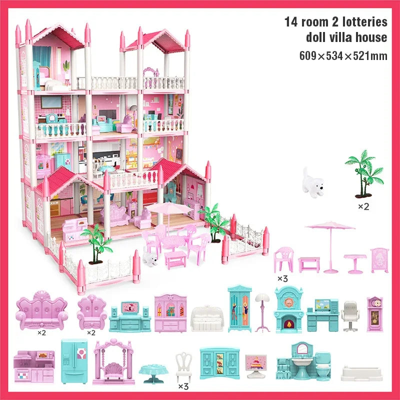3D DIY Dream Princess Castle Villa Assembly Doll House Set Toy Girl Family Toy Children's Music Doll House Assembly Villa House
