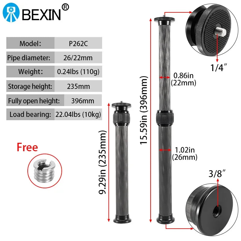 Universal 1/4 and 3/8 Interface Carbon Fiber Central Axis Extension Selfie Stick Camera Tripod Extension Pole Telescopic Pole