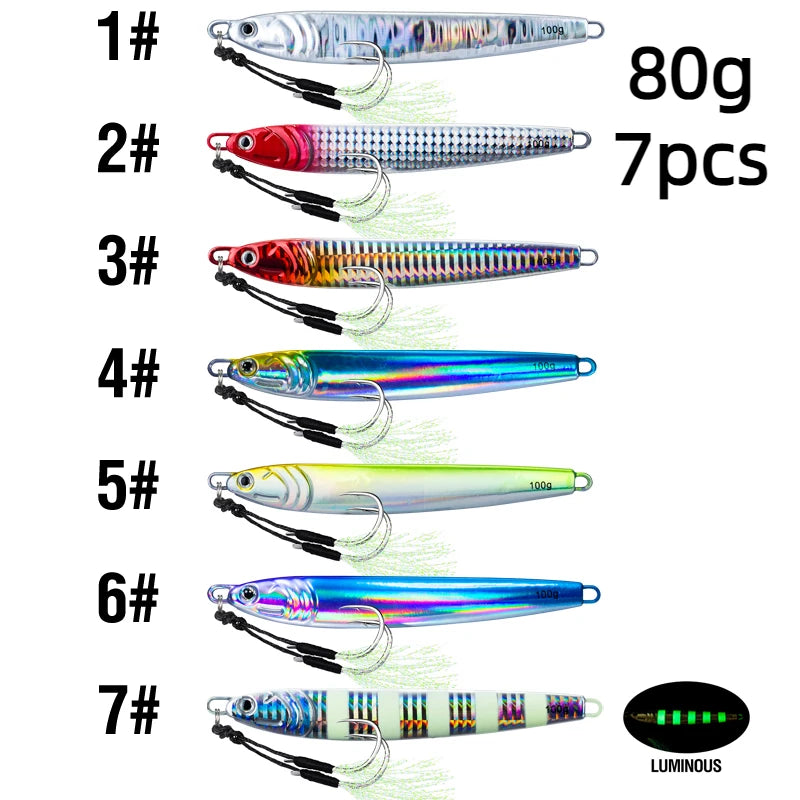 7Pcs 40g 60g 80g 100g Luminous Fast Jigging Casting Lure 7Colors Fishing Metal Jig Bait With Double Assist Hook