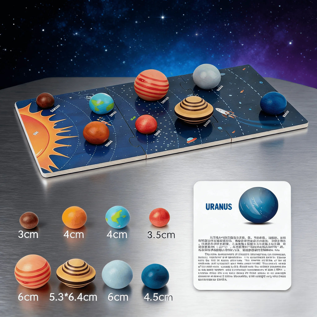 3D Planet Wooden Solar System Toy - 8 Planets with Balls & Cards - Montessori Astronomy for Kids 3+ - Safe Water-Based Paint