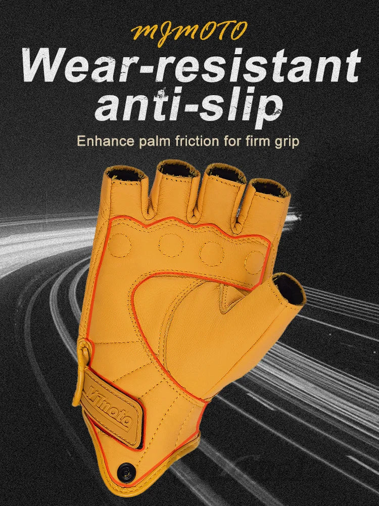 MJMOTO Leather Half Finger Motorcycle Gloves Touchscreen Hard Shell, Black/Yellow L-XXL