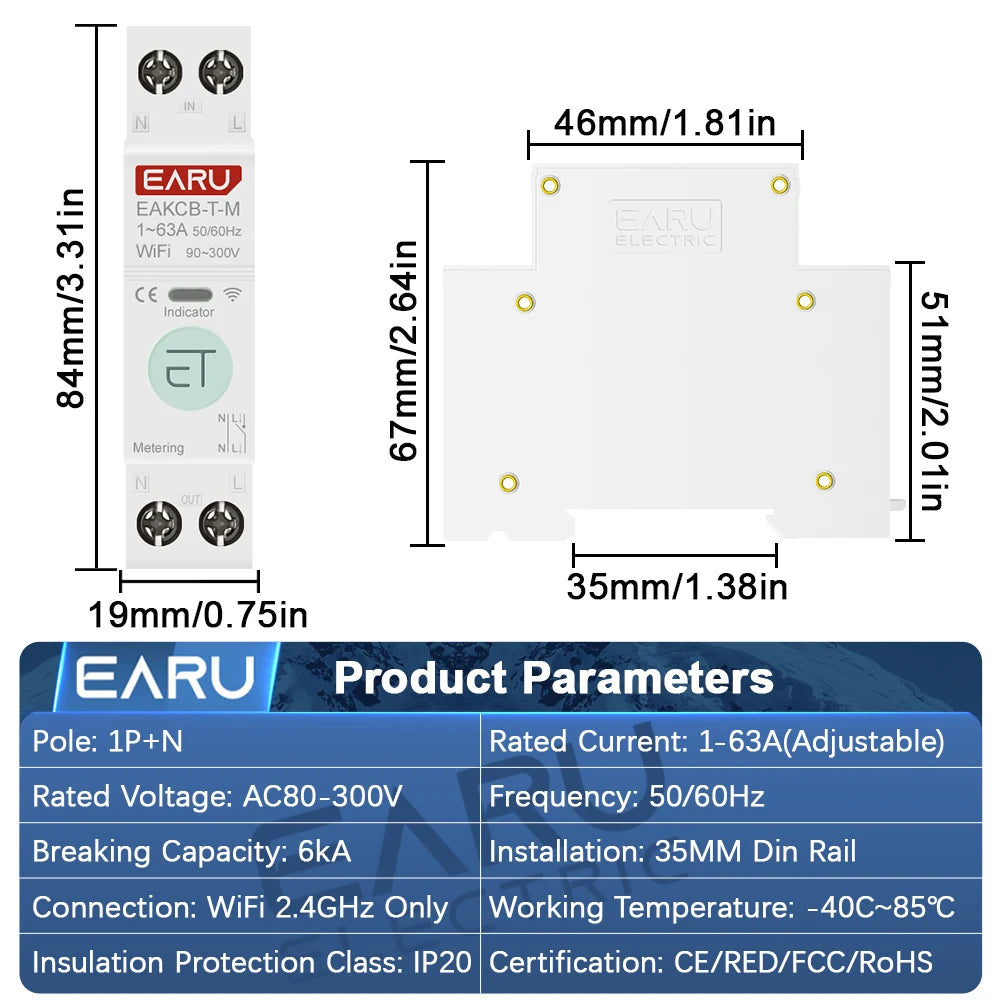 Tuya WiFi Smart Circuit Breaker MCB Timer 1P+N 63A Power Energy kWh Voltage Current Meter Protector Voice Remote Control Switch