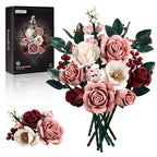 Pink Roses Bouquet Building Set Artificial Flowers Plants Home Office Room Decor Valentines Day Christmas Gifts for Adults Women