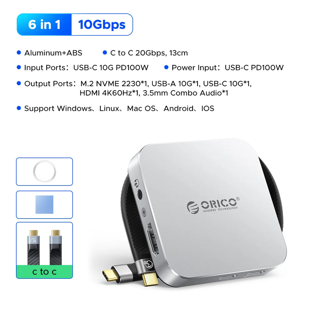 ORICO Magnetic M.2 2230 NVMe SSD Enclosure USB-C 10Gbps, HDMI 4K60, SD/TF, 100W PD