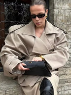 Women Lace Up Loose Trench Coat Fashion Long Sleeves Lapel Wide Shoulder Oversized Windbreaker Lady Commute Street Outerwear