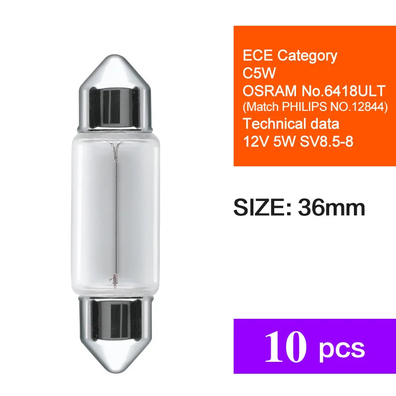 Car Signal Lamp 10pcs OSRAM C3W C5W C10W 12V SV7-8 6411 6438 6428 6418 12844 12866 Reading light Interior Halogen Bulbs