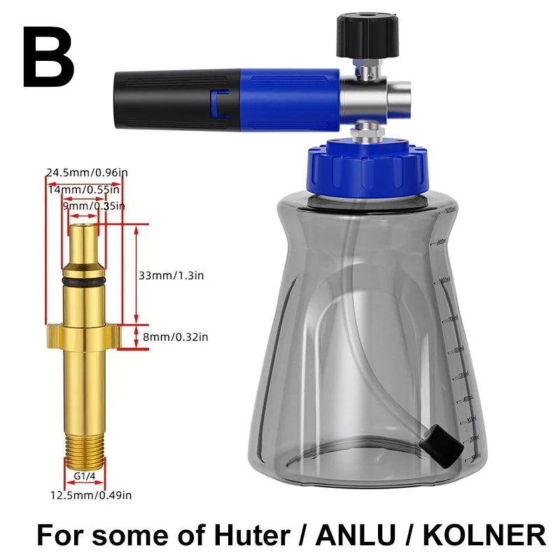 Stylish blue-black foam cannon, 1/4" quick-connect fitting, leak-proof lid air valve, for Karcher Elitech Bort AR Bosch