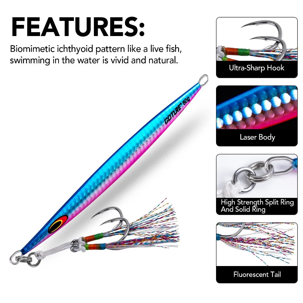 Goture 80g 160g 200g Jig Fishing Lure Set Fast Sinking Jigging Lure Luminous Reation Double Hooks  Metal Jig for sea fishing