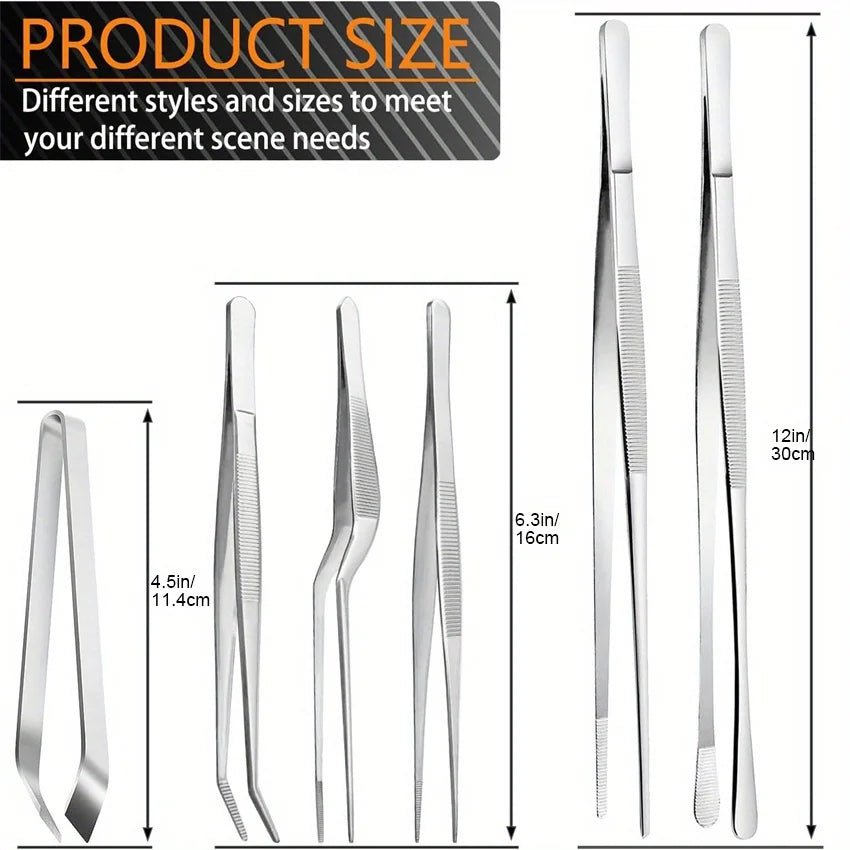 6 PCs/Pack Stainless Steel Kitchen Tweezers Set, Professional Chef Tweezers, Cooking Tweezers, Used for Cooking, 12 in, 6.3 in