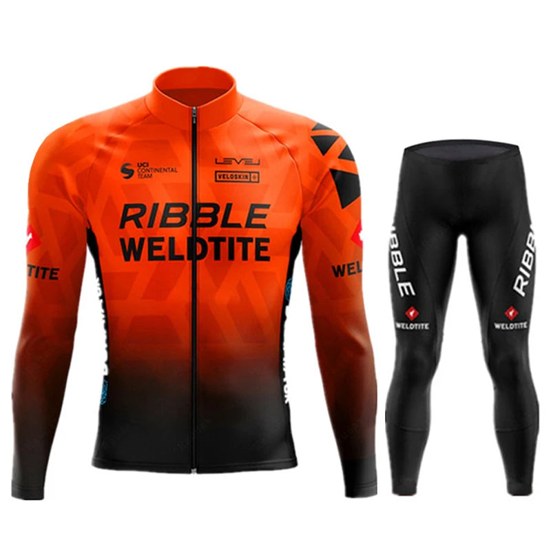 2026 Spring Cycling Jersey Set Ropa Ciclismo Orange Bicycle MTB Clothing Road Bike Suit Men Long Sleeve Bicicleta Bib Pants Set