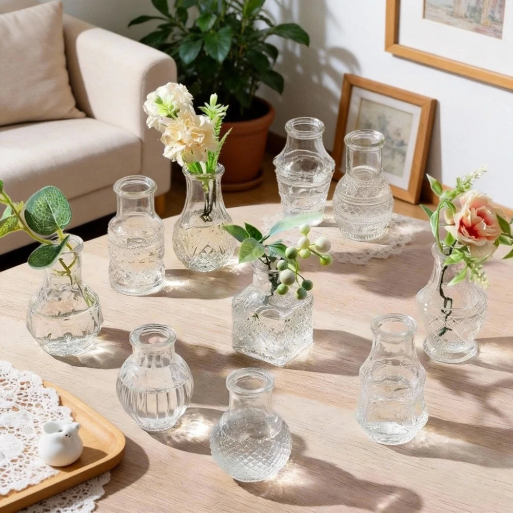 Mini Glass Bud Vase Set 10pcs Clear/Amber/Green Retro Relief Desktop Wedding Decor
