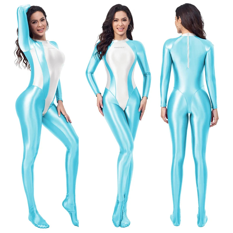 AMORESY Women Rear zipper tight jumpsuit Oily Shiny smooth Sports cycling yoga clothing fitness surf body suit swimsuit gym