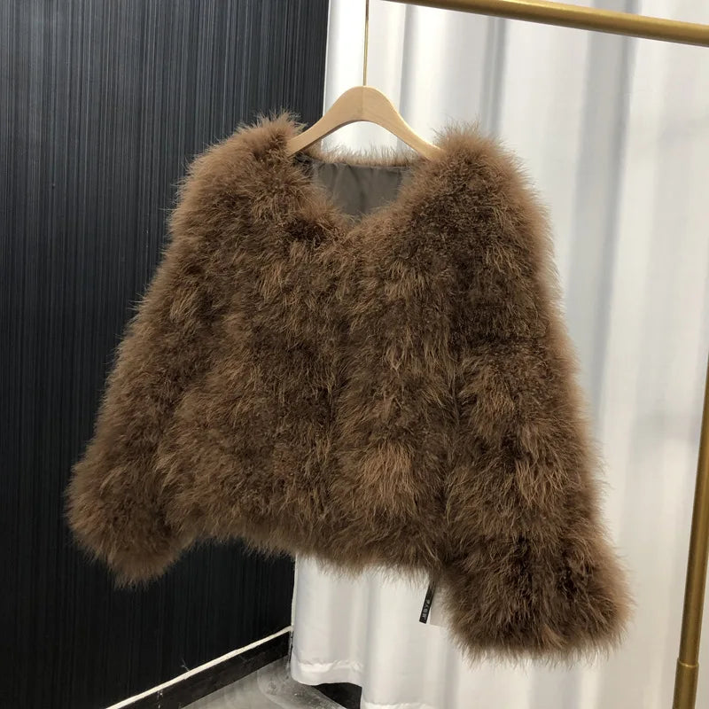 Ostrich Feather Coat for Women 100% Natural Fur Coats O Neck Long Sleeve Ladies Nightclub Turkey Jackets Winter Fashion