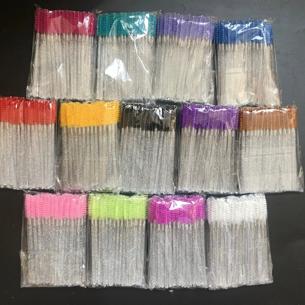 1000pcs Disposable Eyelash Spoolie Mascara Wands, Crystal Handle, Mixed Colors