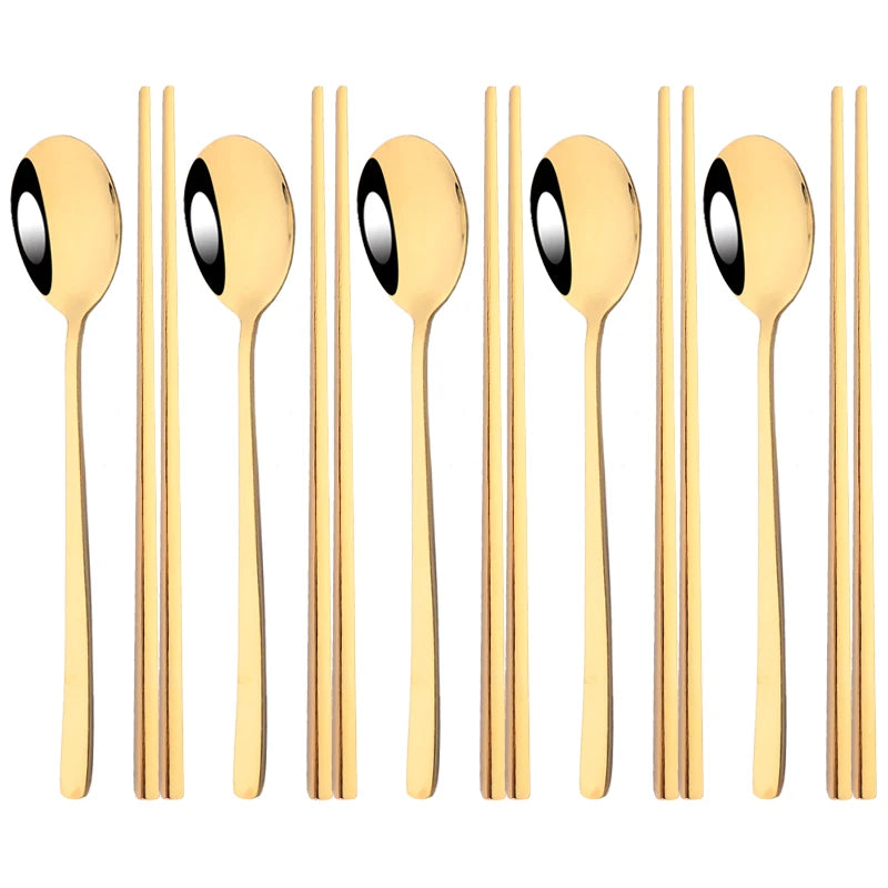 304 Stainless Steel Cutlery Set Sushi Sticks Dinner Spoons Set 10Pcs Dinnerware Korean Chopsticks Dessert Spoon Flatware Set