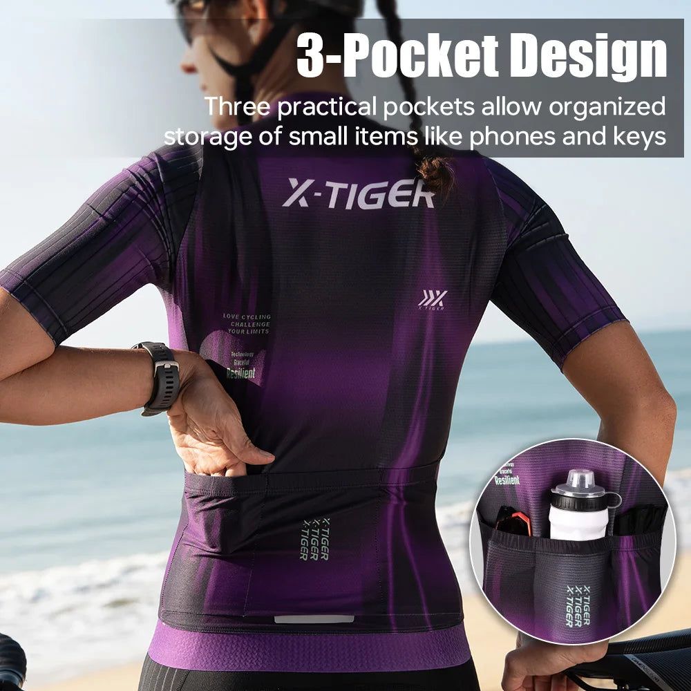 X-TIGER Women's Cycling Jersey Short Sleeve Breathable UV Protection, Pink/Purple S-XXXL