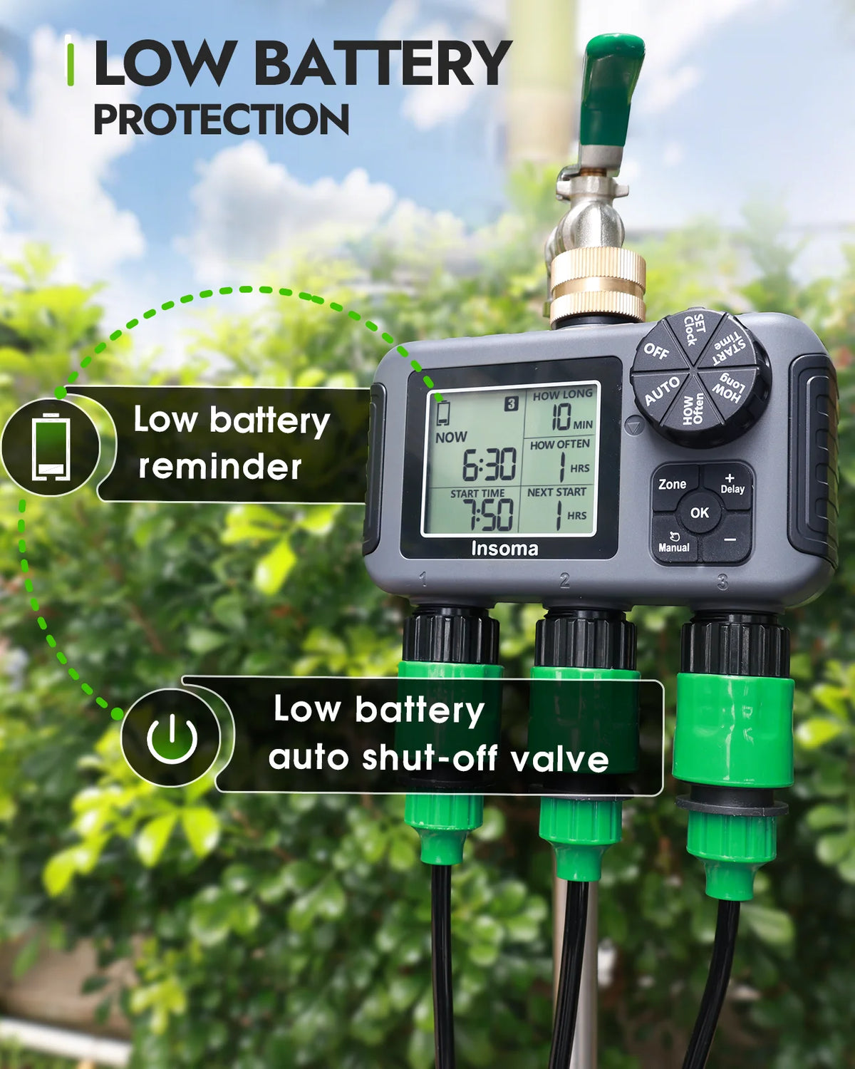Insome Automatic Water Timer 3 Outlets Dip Watering Hose Faucet Sprinkler Timer Independent Control Programmer for Garden Yard