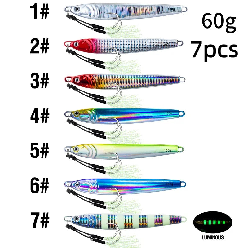 7Pcs 40g 60g 80g 100g Luminous Fast Jigging Casting Lure 7Colors Fishing Metal Jig Bait With Double Assist Hook